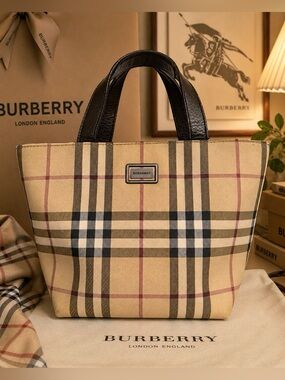Burberry Nova Check Coated Canvas Tote with Brown Leather Handles